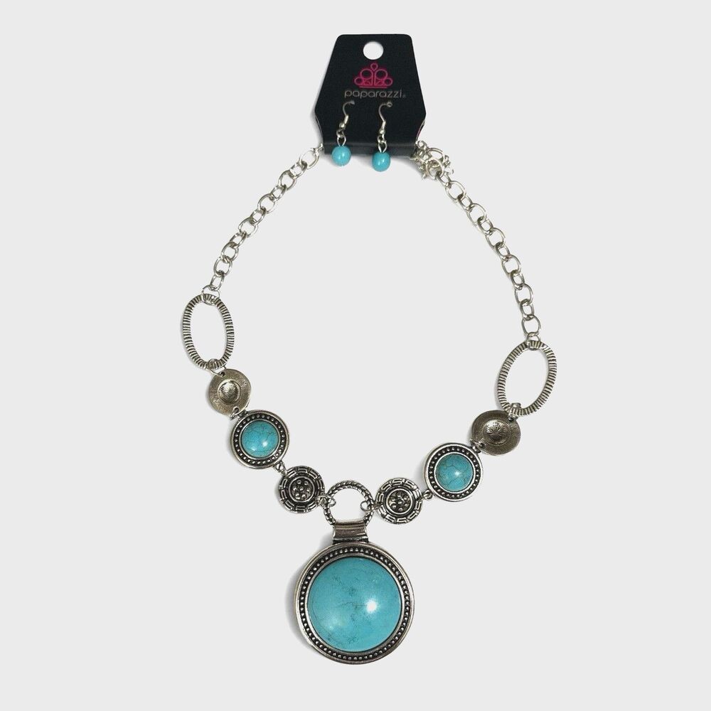 NWT Paparazzi Turquoise Silver Tone Statement Necklace Earring Set 18"